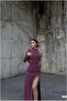 Thick Detailed Evening Dress with Stone Collar and Long Sleeves - 4