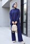 Pantsuit with Side Slits and Grass Green Front Panel - Dark Blue