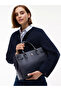 Women's Metallic Embossed Th Logo Stripe Patterned Long Strap Navy Blue Card Holder - 2