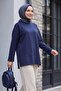 Crew Neck Slit Oversize Combed Cotton Tunic - Dark Blue - 3