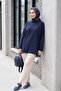 Crew Neck Slit Oversize Combed Cotton Tunic - Dark Blue - 4