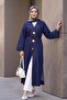 Beli Lace-Up Brooched Slit Long Denim Kimono - Dark Navy Blue