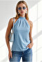 Women's Blue Collared Buttoned Halter Neck Flowy Blouse Blz-19002673 - 4