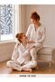 Women's Bear Embroidered Pink Line Patterned Front Buttoned Mother-Daughter Combination Suede Winter Warm Pajama Set