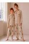 Women's Bear Embroidered Brown Line Patterned Front Buttoned Mother-Daughter Combination Suede Winter Warm Pajama Set