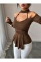 Women's off-the-shoulder mock neck long sleeve v-neck pleated viscose blouse - 2