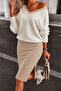 Women's Long Sleeve V-Neck Modal Blouse and Slit Short Modal Skirt Two-Piece Set - 3