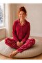 Women's Burgundy Patterned Front Buttoned Mother-Daughter Combination Suede Winter Warm Pajama Set - 3