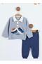 Boy's Blue Polo Collar Buttoned Mountain Figured Bottom and Top Tracksuit Set 7147- - 3