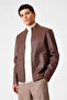 Regular Fit Faux Leather Brown Coat