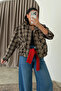Plaid Patterned Inside Lining Standing Collar Short Bomber Jacket Brown-Stone