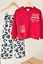 Girl's Red Printed Cotton Sweatshirt and Gray Leopard Printed Sweatpants Set - 3
