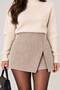 Women's Beige Herringbone Patterned Cashmere Shorts Skirt High Waist Double Breasted Skort