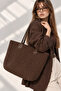 Women's Brown Hand-Knitted Leather Handle Large Size Daily Shoulder and Shoulder Bag - 2