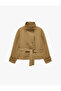 Belted Gabardine Fabric Stand Collar Pocketed Long Sleeve Double Breasted Seasonal Jacket