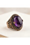 Bronze Women's Ring Authentic Copper Jewelry Margazite Worked Oval Purple Amethyst Stone Large Model Adjustable V - 2