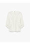 Cotton Buttoned Crew Neck Pleated Detailed Short Balloon Sleeve Peplum Shirt