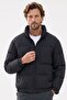 Men's Relax Fit Comfortable Cut Patterned Stand Collar Elastic Cuff Zipper Pocket Black Puffer Jacket - 4