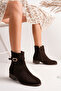 Nancy Model Genuine Leather Brown Suede Thick Heel Side Zipper with Buckle Daily Women's Boots - 4