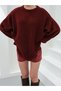 Women's Burgundy Balloon Sleeve Slit Knitwear Oversize Tunic Sweater Frv0190-1