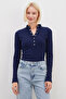 Ribbed Half Snap Collar Slim Fit Blouse - 2