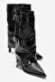 Ylva Black Striped Belted Women's Heeled Boots