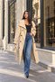 Women's Stand Collar Double-Breasted Belted Long Trench Coat - Beige