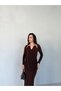 Brown Buckle Detailed Shawl Long Sleeve Dress - 3