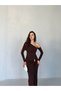 Brown One-Shoulder Buckle Detailed Long Sleeve Dress - 4