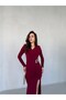 Burgundy Double-Breasted Long Dress with Waist Buckle and Slit - 4