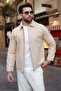Beige Zippered Lined Cashmere Men's Jacket E7207