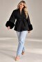 Women's Black Belted Short Coat with Fur Details Nbstr2026