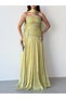 Green Strapless Crystal Stone Embellished Draped Shawl Detailed Long Evening Dress - 6