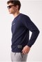 Men's Embroidered Crew Neck Navy Blue Sweatshirt 3 Threaded Yarn Embroidered Fabric - 2
