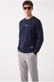 Men's Embroidered Crew Neck Navy Blue Sweatshirt 3 Threaded Yarn Embroidered Fabric