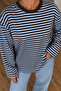 Women's Baby Blue Brown Striped Crew Neck Oversize Sweatshirt - 2