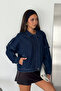 Women's Oversized Denim Jacket with Epaulet Detail and Zipper - 4