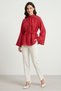 Red Stand Collar Lace-Up Wide Sleeve Oversize Blouse - 6