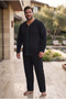Interlock Fabric Front Buttoned Long Sleeve Plus Size Men's Pajama Set 8586 - 2