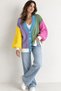 Color Blocked Hair Braided Balloon Sleeve Knitwear Cardigan