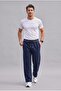 Makiteks Men's Navy Blue Comfortable Regular Cut Flat Leg 2 Thread Sweatpants with Elastic Waist and Drawstring Pockets, Baggy Style, Suitable for Daily Use