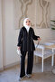 Black Zippered Tunic Pantsuit with Piping Detail - 2