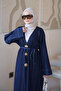 Navy Blue Accessory Belted Long Denim Cap - 4