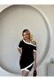 Women's Short Sleeve Asymmetric Cut Collar Stripe and Accessory Detailed Modal Dress - 5