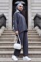 Round Neck, Long Back, Oversize Lycra Combed Cotton Suit with Pockets on the Pants - Smoked - 3