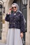 Shirt Collar Mixed Patterned Buttoned Front Quilted Jacket - Dark Navy Blue