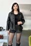 Women's Leather Coat with Belt Detail and Zipper Black - 27K 8812