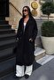 Women's Black Double-Breasted Collar Wool Textured Belted Oversize Cashmere Coat - 4
