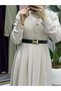Women's Modern, Chic Crepe Fabric Modest Dress with Belt and Pockets in Stone Color - 5