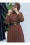 Women's Modern, Chic, Crepe Fabric, Belted, Pocketed, Modest Brown Dress - 3